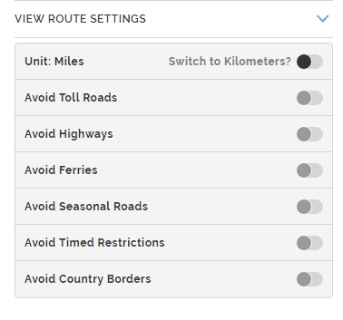 Route Planner Avoid Settings showing customization options