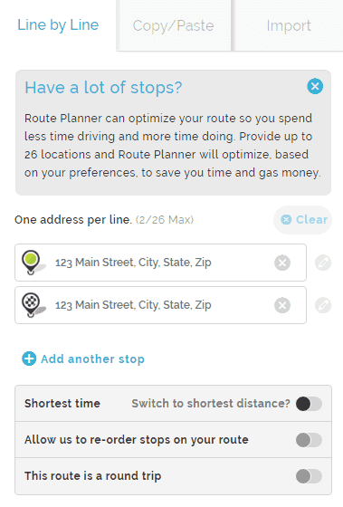 Line by Line Route Planner interface in Mapquest