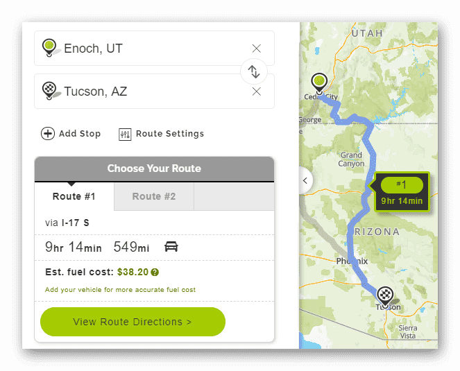 MapQuest Tucson Route Settings